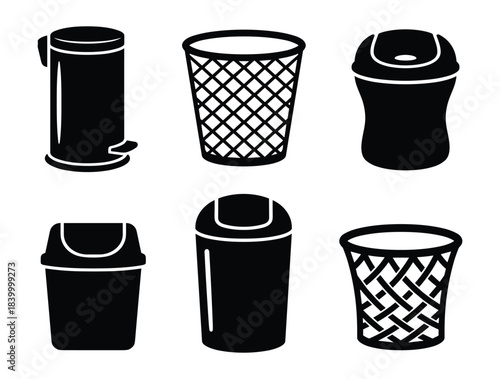 Trash can icons, garbage bin symbol, waste basket sign, recycling container outline, debris box logo