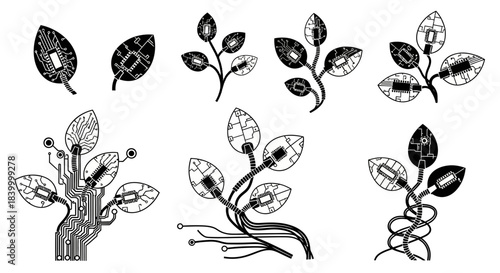 Innovative digital growth concept with circuit board leaves and tech branches symbolizing smart future and technology advancement