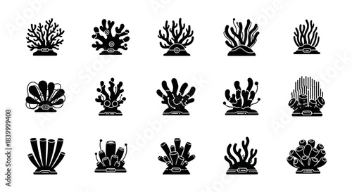 Diverse collection of stylized coral reef icons, perfect for illustrating marine life, oceanography, or underwater exploration themes beautifully