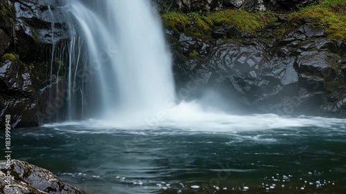 Majestic Waterfall Cascading Down Rocky Cliffs into a Serene Pool.