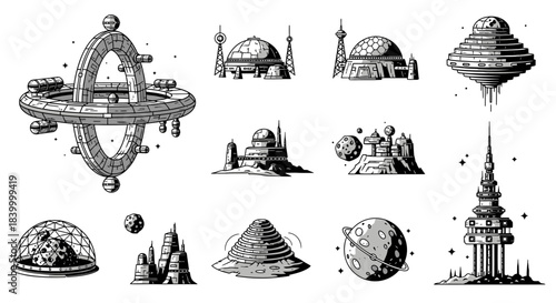 Explore futuristic space stations, alien planets, and advanced extraterrestrial cities for your next science fiction project.