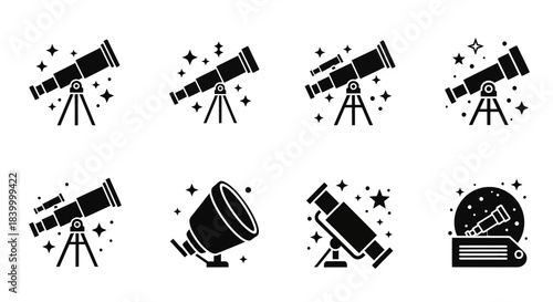 Explore the cosmos with a stunning collection of stylized telescope icons, perfect for astronomy, science, and discovery themes.