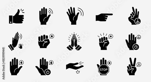 Diverse hand gestures collection including thumbs up, waving, pointing, praying, peace, stop, and power symbols for communication and action