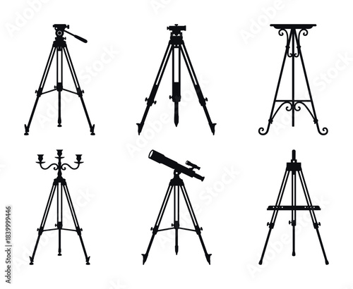 Tripod stand icons, camera support symbol, telescope base sign, candelabra holder outline, easel.