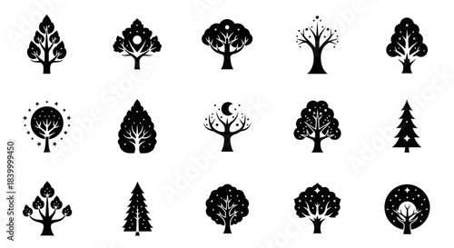 Discover a collection of stylized tree icons perfect for branding, nature projects, and elegant design elements that evoke growth and beauty.