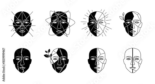 Abstract geometric human faces explore duality identity and modern concepts with artistic line art style perfect for design projects