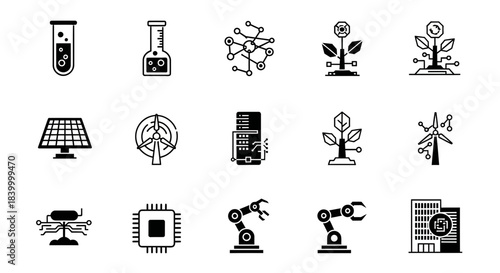 Dynamic icons showcase modern innovation in technology, science, and sustainable energy solutions for future development