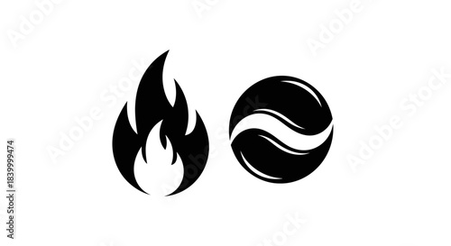 Dynamic fire and yin yang symbols representing energy, balance, and duality in a modern, clean design ideal for branding and conceptual projects.