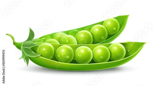 Two green pea pods, full of round, vibrant green peas with water droplets, on a white background