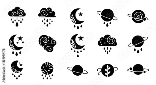 Whimsical celestial and weather icons featuring moons, stars, clouds, and planets with falling raindrops, perfect for dreamy designs.