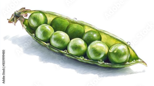 Detailed illustration of green peas in a pod