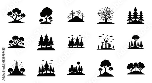 Diverse collection of stylized tree silhouettes and forest scenes perfect for branding, design, and nature themes