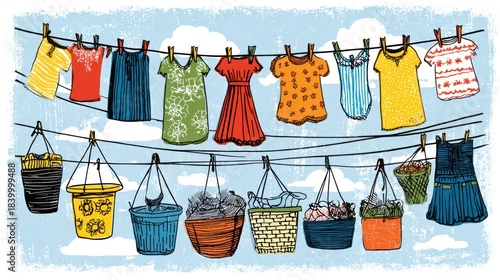 Colorful clothes and baskets hang from a clothesline against a light-blue sky