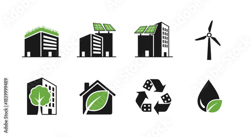 Dynamic collection of modern eco friendly icons representing sustainable living and renewable energy solutions for a greener future.