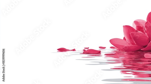 Pink lotus flower petals falling on water reflection