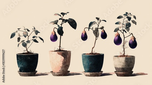 Four potted eggplant plants in various growth stages