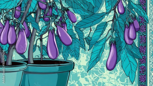 Purple eggplants in teal pots, lush foliage