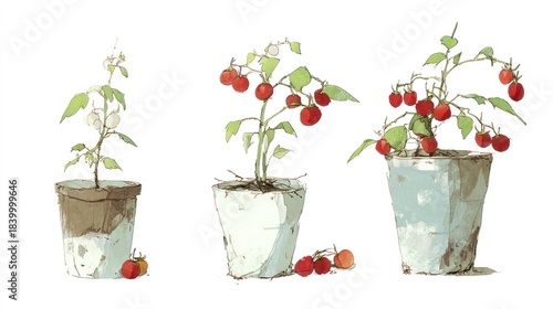 Three stages of tomato plant growth in pots