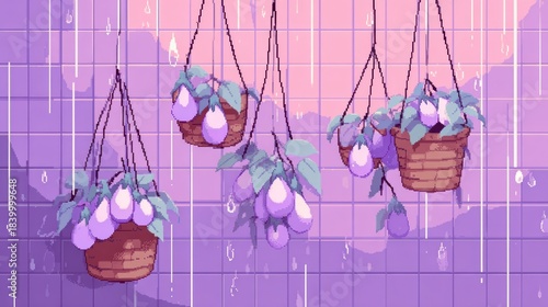 Pastel plants in rain, hanging pots