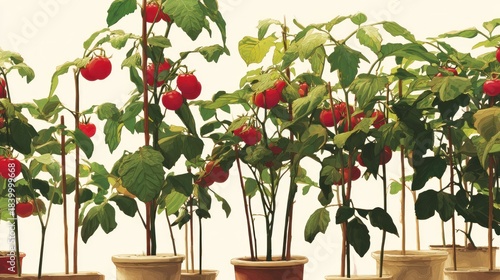 Rows of tomato plants in pots