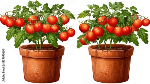 Two terracotta tomato plants in pots