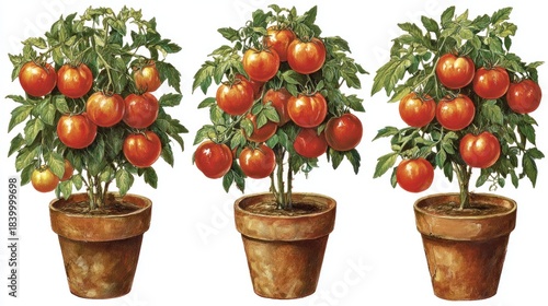 Four tomato plants in terracotta pots