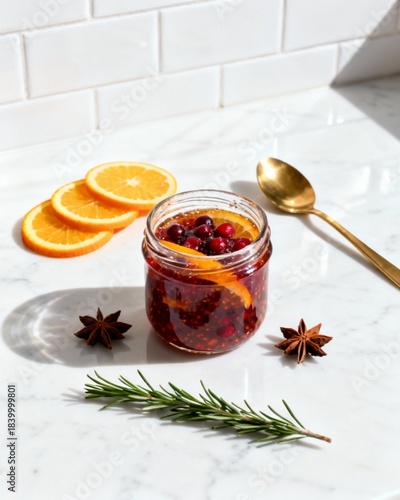 Glass Jar of Holiday Fruit Preserves with Orange Slices and Rosemary 