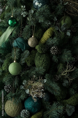 Green christmas tree with ornaments