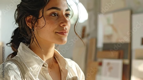 Young Woman Artist in Studio, Painting, Creative Process