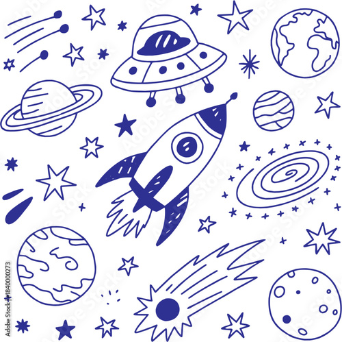 Space doodle illustration set. Rocket, planets, UFO and galaxy elements in hand drawn style. Vector illustration.
