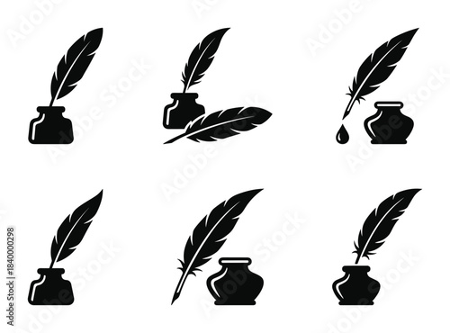 Various quill pens and inkwells set. Representing traditional writing and artistic endeavors. Creative tools collection.