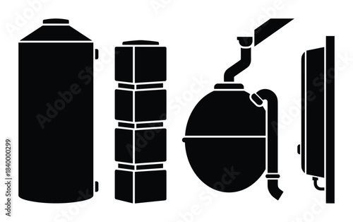 Various hot water heaters, boilers, cisterns in black silhouette, plumbing equipment, heating systems