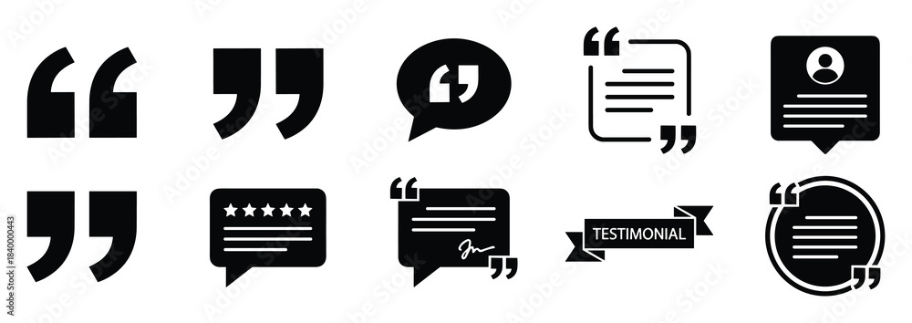 Fototapeta premium Various quote marks and chat bubbles. Document profile and testimonial ribbon. Speech bubble icons.