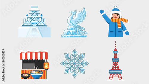 This flat design vector illustration presents a cohesive set of icons, symbolizing key elements of the Sapporo Snow Festival, from sculptures to local landmarks. 