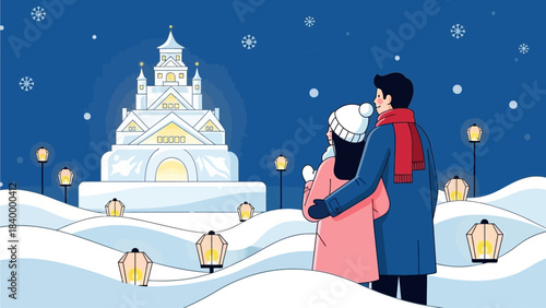 A charming flat design illustration depicting a romantic couple sharing a tender moment amidst the illuminated snow sculptures at the Sapporo Snow Festival. 