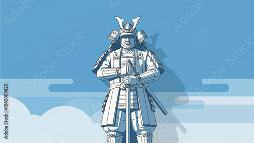 A striking flat design illustration showcasing a magnificent snow sculpture of a traditional Japanese samurai warrior, emphasizing cultural heritage and artistic craftsmanship. 