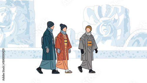 A refined flat design illustration showcasing individuals in traditional winter kimonos gracefully walking through the Sapporo Snow Festival, blending cultural elegance with the winter wonderland. 