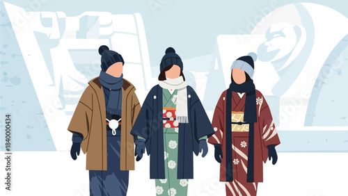 A refined flat design illustration showcasing individuals in traditional winter kimonos gracefully walking through the Sapporo Snow Festival, blending cultural elegance with the winter wonderland. 