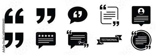 Various quote marks and chat bubbles. Document profile and testimonial ribbon. Speech bubble icons.