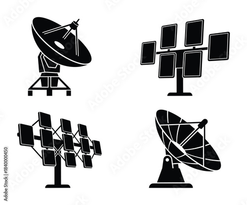 Various satellite dish antennas and solar panels collection for modern communication and energy technology.