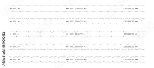 Perforated tear strips with border lines Collection, Various styles of tear strip dotted lines. Packaging design elements. Pull to open here