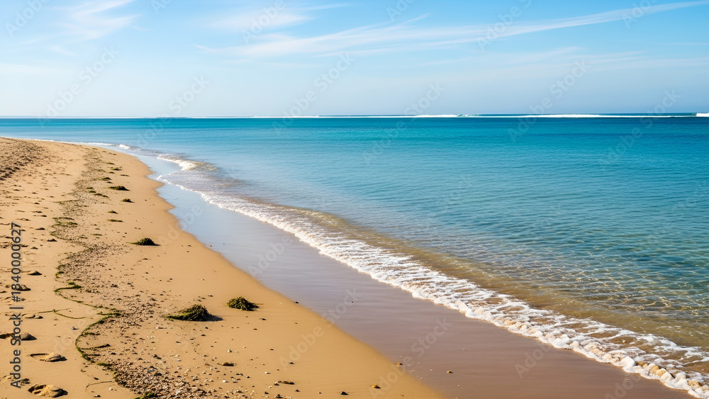 Fototapeta premium Serene beach with gentle waves and sandy shoreline