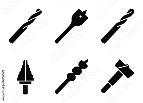 Various types of drill bits; black silhouette icons; construction tool equipment set