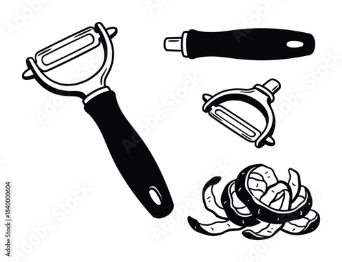 Vegetable peeler and curled peelings set. Hand drawn illustration of kitchen tool and food waste