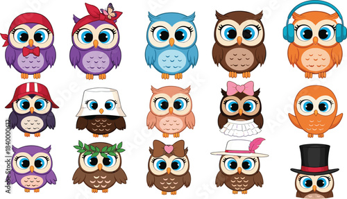 Cute cartoon owl character collection with colorful costumes, hats, accessories, expressive faces, and adorable decorative bird illustrations