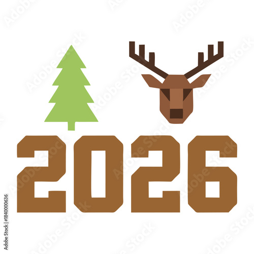 Reindeer Silhouette and Christmas Tree with 2026 New Year Vector
