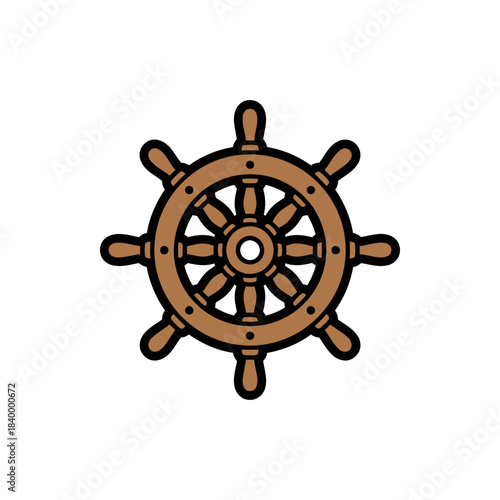 Ships helm vector icon in bold line cartoon style with wooden spokes
