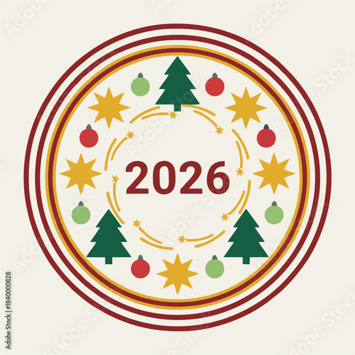 Christmas Ornament Circle Frame with 2026 New Year Vector