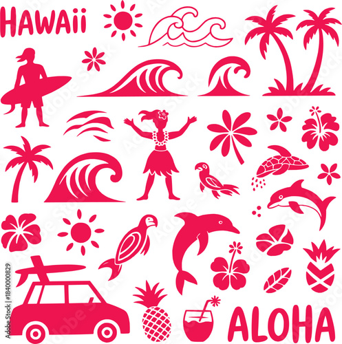 Aloha summer tropical icons, beach holiday doodle vector illustration