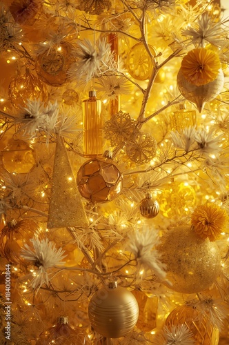Golden Christmas tree with ornament and string light